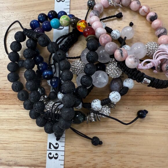 Stack Set Of 7 Beaded Adjustable Bracelets With Lava Rock Gemstone & Crystal Bea - Picture 6 of 8
